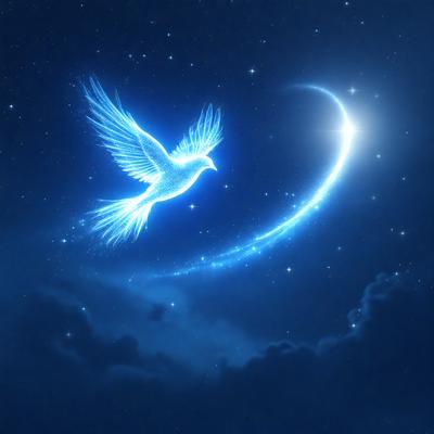 The primary subject of the image is a dove flying through the night sky. The dove is surrounded by a beautiful blue night sky, which creates a serene and peaceful atmosphere. The visual style of the image is a digital art or illustration, as it captures the intricate details of the dove and the night sky. The colors and mood of the image are predominantly blue, which adds to the calming and tranquil ambiance.
